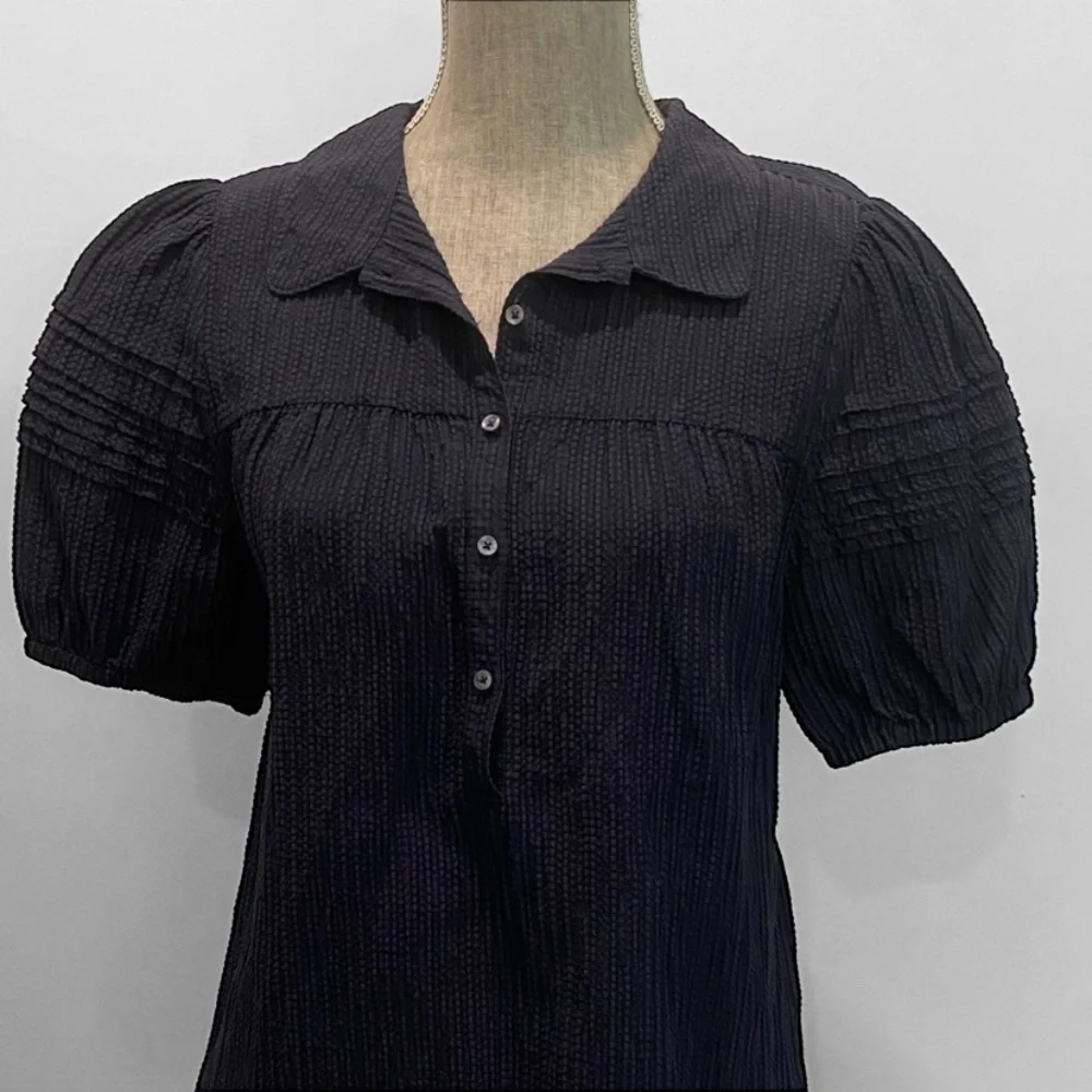 Hudson North Linen Puff Sleeve Blouse Navy Blue Textured Top Size Medium - Picture 4 of 16
